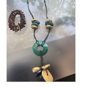 Boho Artisan Statement Necklace and‎ Multi-Color Wood Stretch Bracelet Set